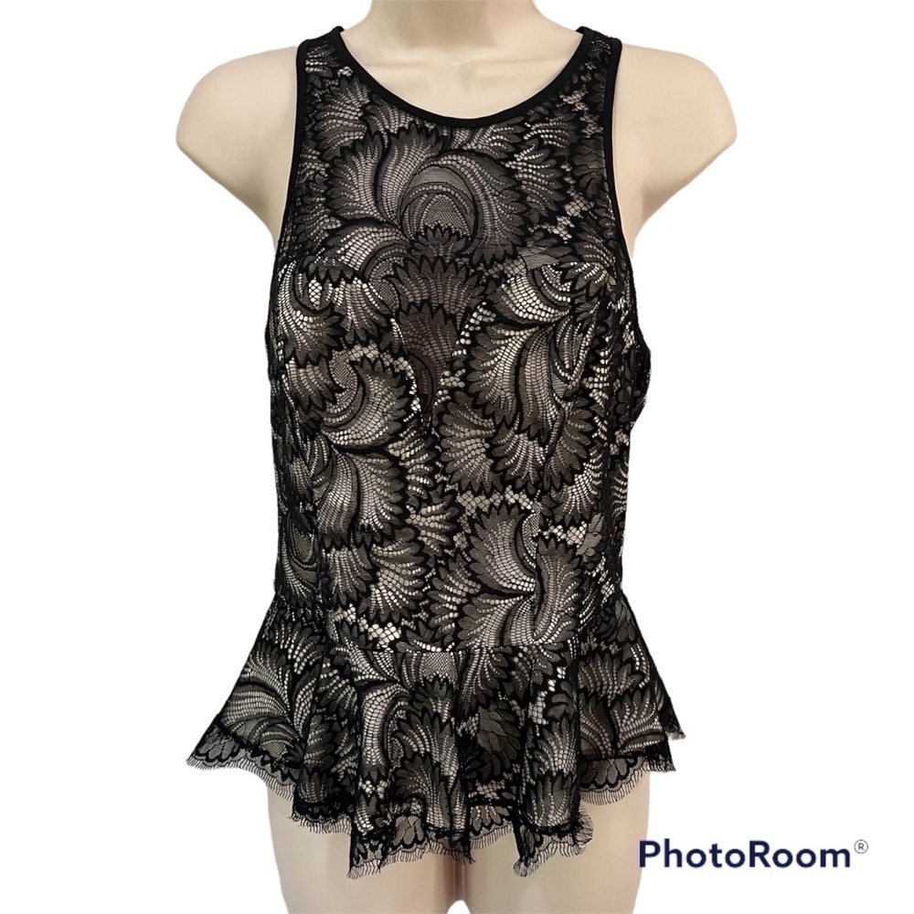𝅺bebe black and cream lace overlay tank blouse, SP, back zipper, peplum, lining.